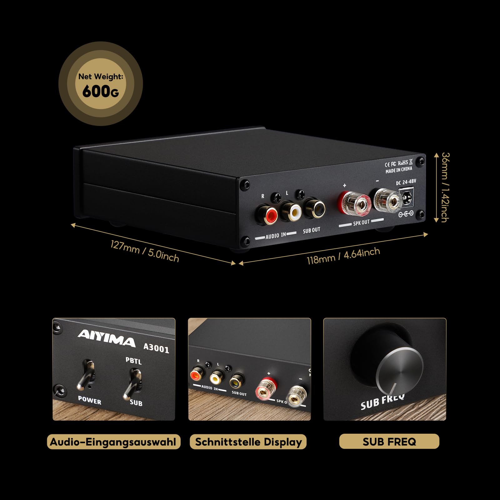 AIYIMA A3001 Mono Subwoofer Verstärker 300W TPA3255 mit Frequenzregelung | Mini-Monoblock-Verstärker FLACHE & SUB-Modi,passive Lautsprecher & aktive Sub-Ausgänge für Heimkino 2.0/2.1/2.2