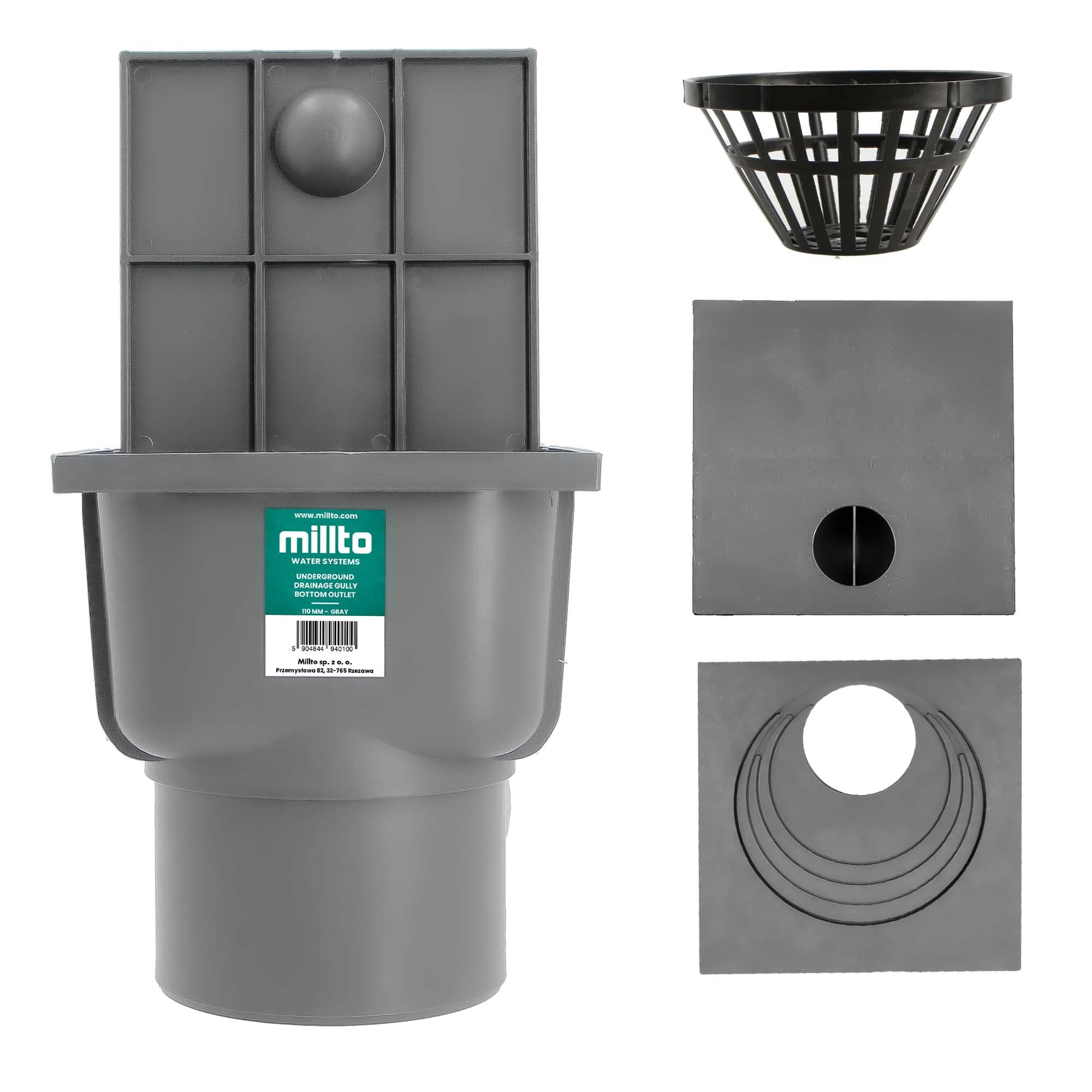 Millto™ Regensinkkasten mit Sieb 110mm Regenwasserablauf Dachrinnenablauf Hofablauf Entwässerung Abflusstrichter Gully Siphon Gechteckiger Kontrollschacht Rückstauverschluß Geruchsklappe
