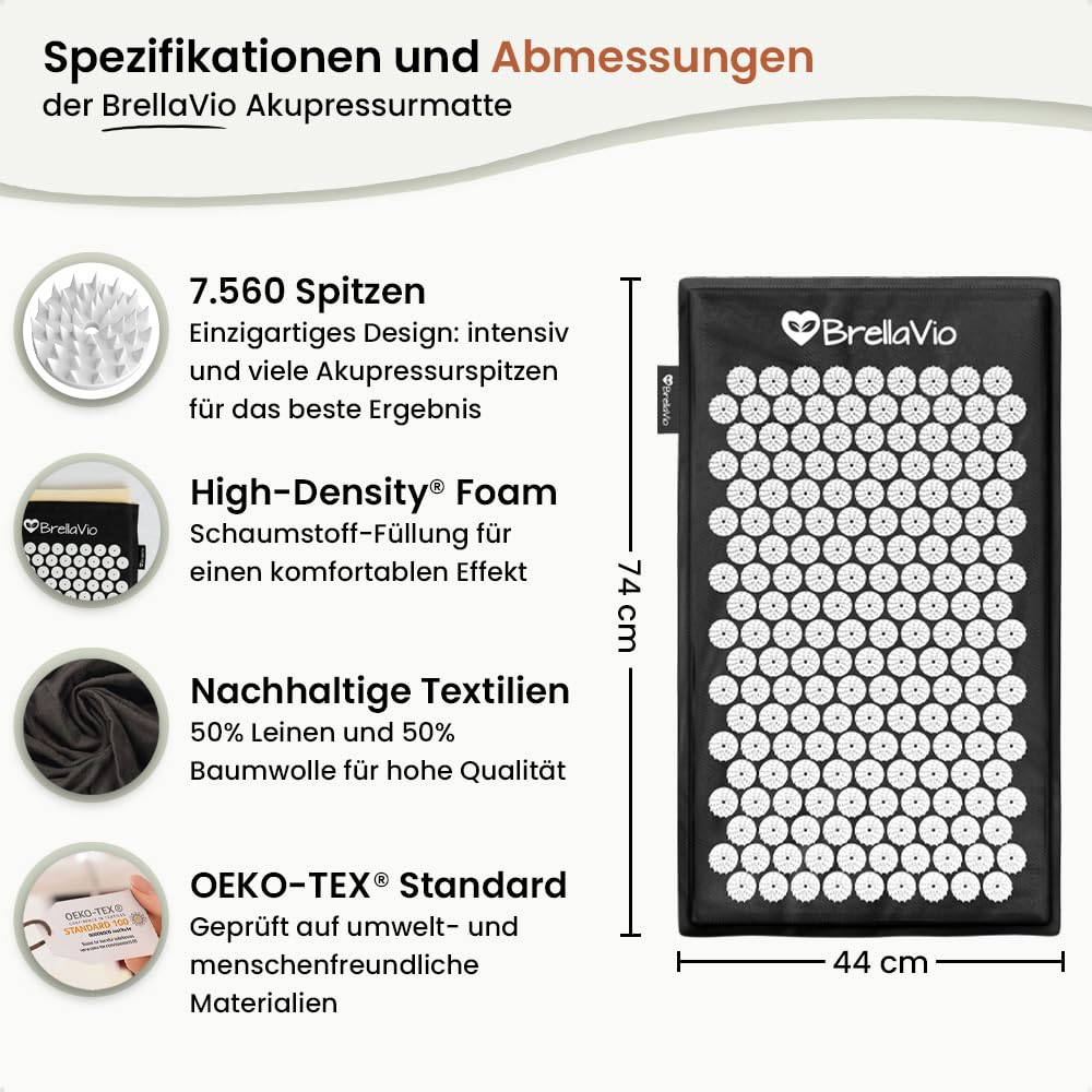 BrellaVio Akupressurmatte - Akupunktur Massage Matte - Akupressur zur Entspannung für Rücken, Nacken, Schulter und Fuß - Akkupressmatte gegen Verspannungen (Schwarz)