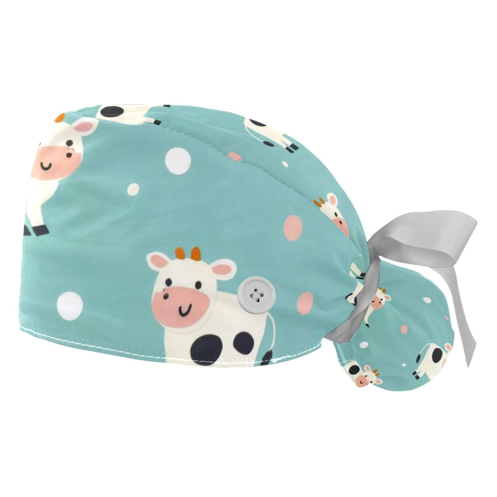2 PCS Bouffant Cap with Button Ponytail Pouch Working Cap Sweatband Adjustable Surgical Cap Black and White Cow