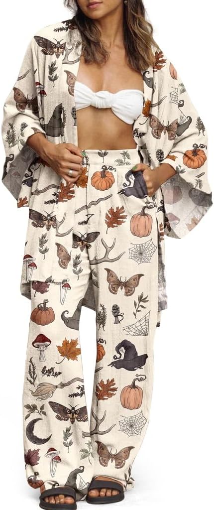 Women Witchy Pumpkin Winter 2 Piece Set Casual Comfy Halloween Lounge Outfit Boho Wide Leg Pants Set WIth Pockets