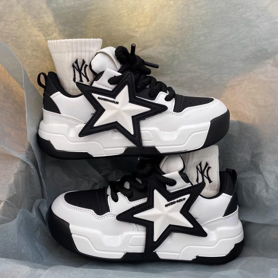 Star Black White Men Platform Shoes Chunky Sneakers for Women Aesthetic Shoes All Season (Black White,8)4