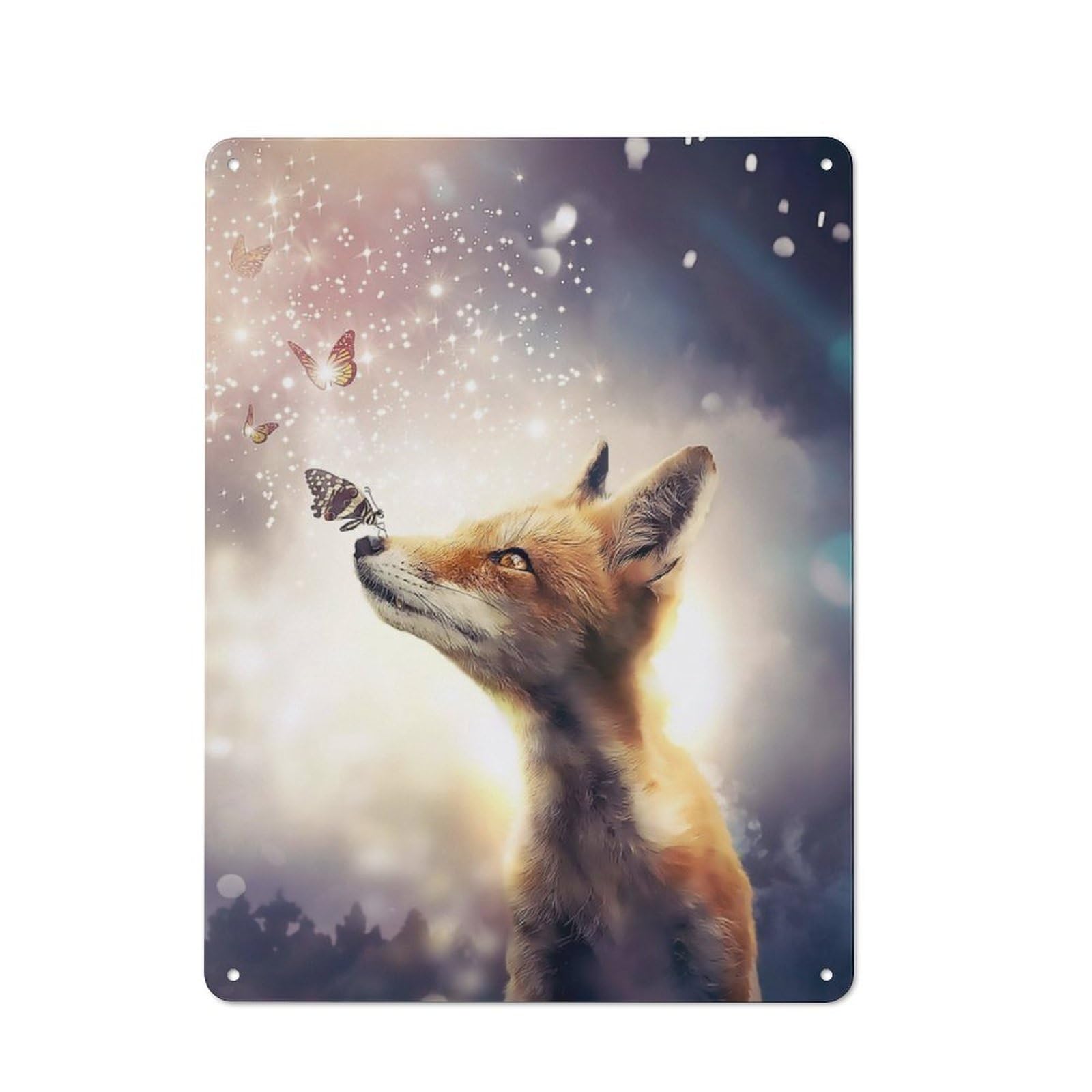 Junmoney The Fox And Butterflies Metal Plaque 40X30cm With For Hallway Wall, Rustic Decor, For Garage, Workshop And Man Cave Decoration