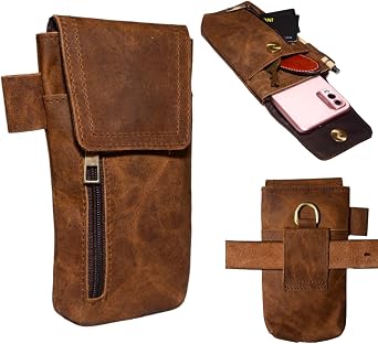 Leather Phone Holster-Genuine Full-Grain Buffalo Leather Cell Phone Holsters Holster for for iPhone 17/16/15/14 Pro Max & Plus, Galaxy S25/S24 Ultra Large Smartphones Belt Holder - 7H x 3.5" W