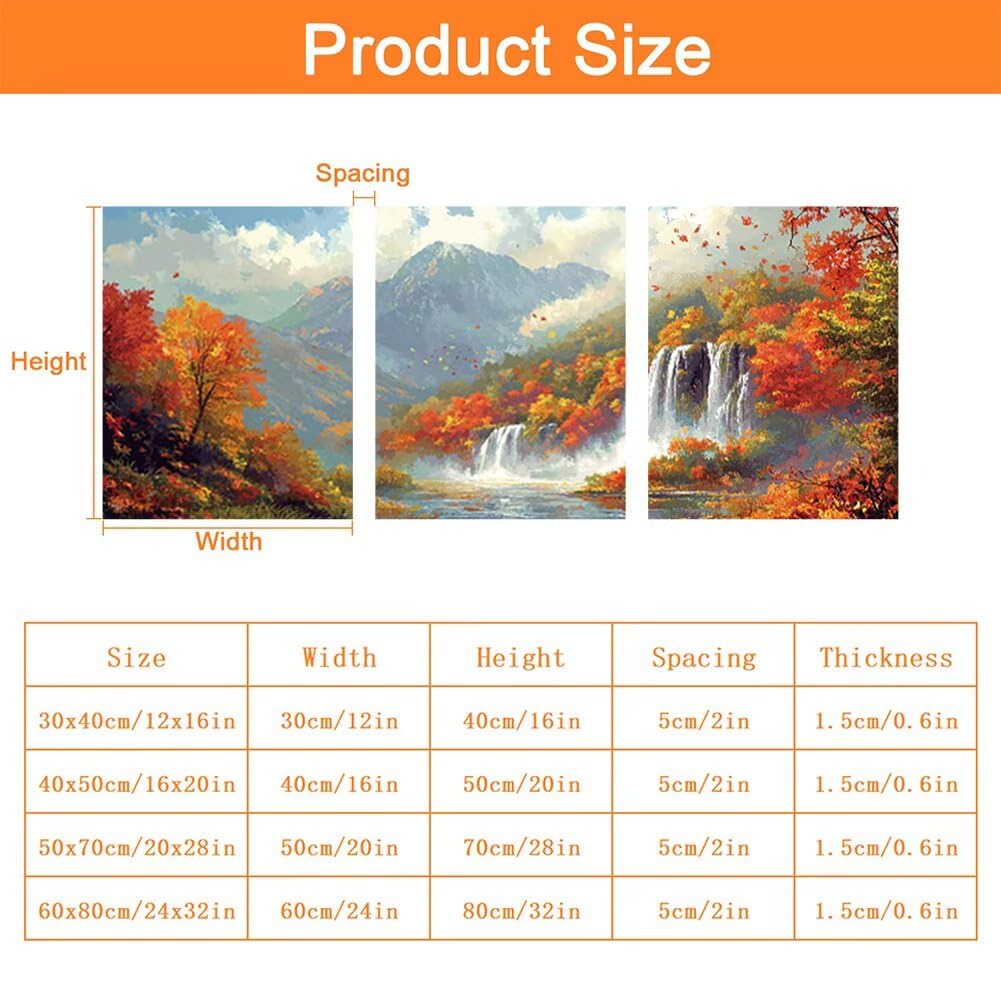 Wandbilder Wasserfall 60x80cm, 3Pcs Leinwand Bilder Groß Wanddeko Wohnzimmer, Herbst Leinwand Bilder mit Rahmen, Moderne Wandbilder Wohnzimmer Poster Set mit Haken, Wand Deko Schlafzimmer, -1742