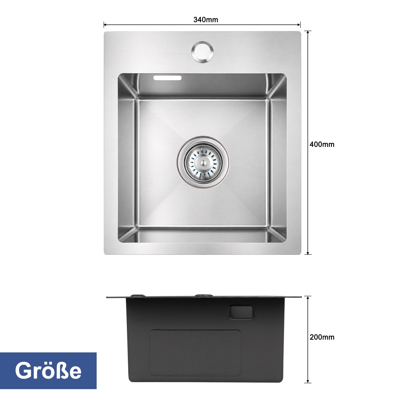 BONADE Spülbecken Edelstahl 40 x 34 cm, 1 Becken Küchenspüle Rechteckig, Moderne Küchenspüle mit Edelstahl Waschbecken, Siphon & Ausgussbecken, Stabil und Langlebig, Leicht zu Reinigen
