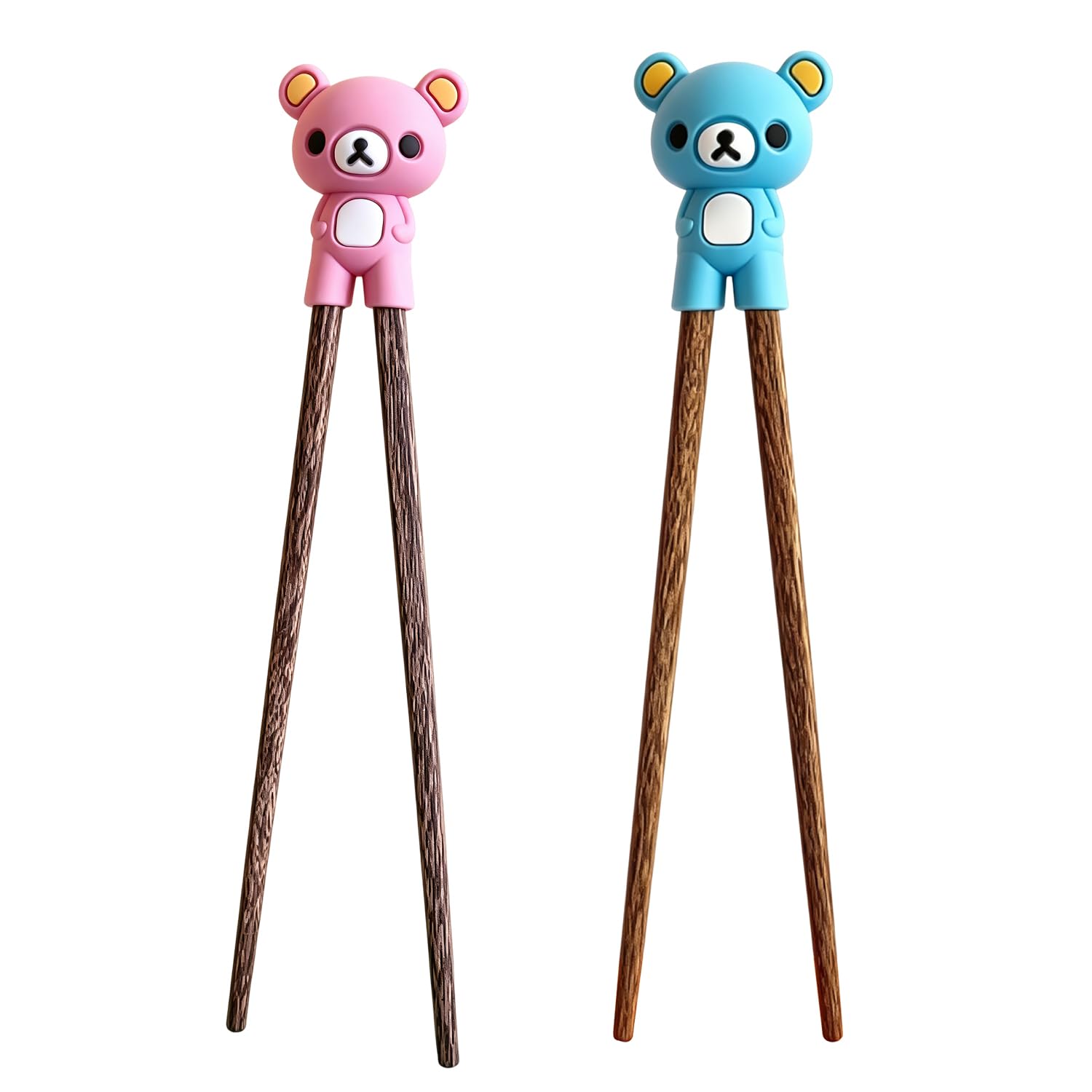 2 Pairs Training Chopsticks for Beginners, 18cm/7in Wooden Chopsticks Reusable Set, Natural Wood Color Chopsticks with Silicone Helper for Sushi, Noodles & Asian Food（Pink+Blue Bear）