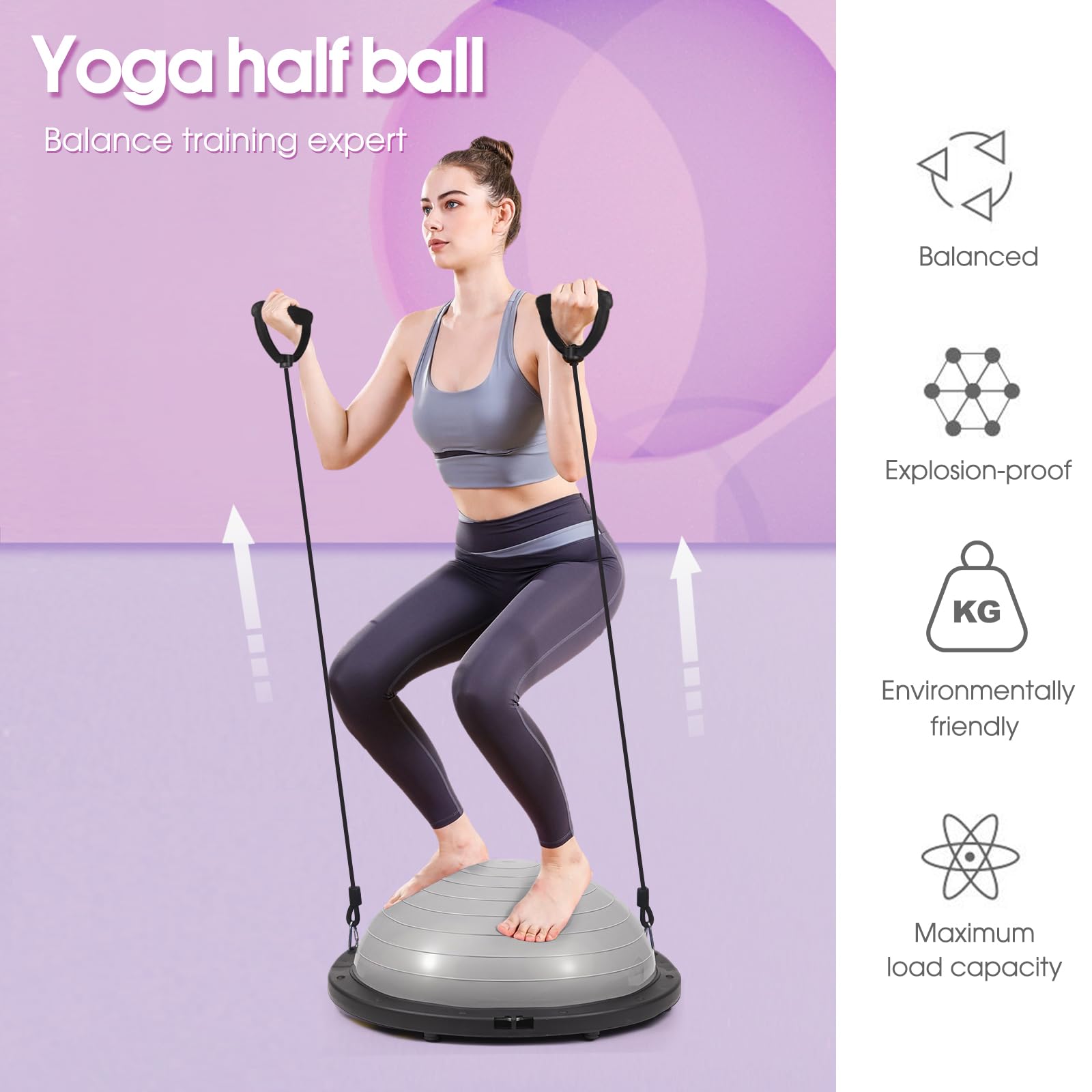 Half Balance Ball Trainer, 66 cm Stabilitätsball mit Widerstandsbändern, Gymnastikball mit Fußpumpe, Grau