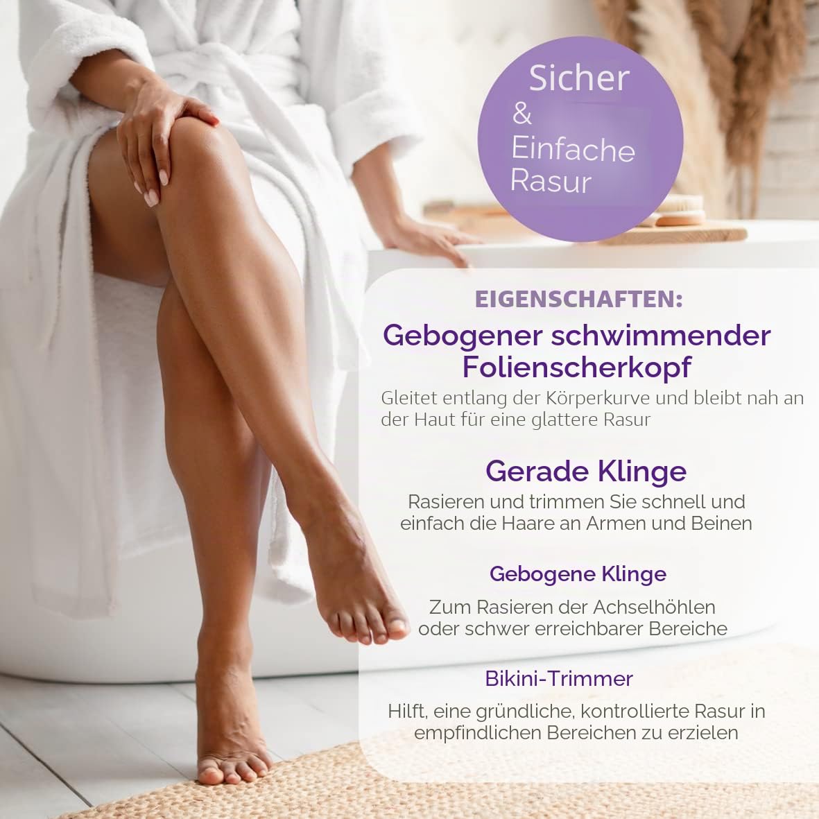Bauer Soft & Smooth Damenrasierer – Elektrischer Nass- & Trockenrasierer für Beine, Achseln & Bikinizone, 2×AA Batterien, Edelstahlklingen, Violett - 38730