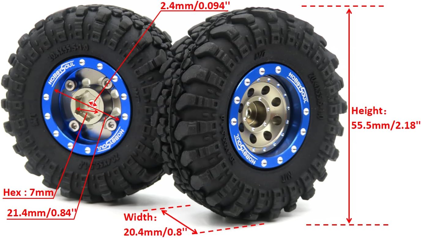 hobbysoul Heavy Adjustable Offset 1/24 Wheels and Tires, Negative Offset 1.0 Wheels Rims and Tires for 1:24 RC Crawler Axial SCX24,(4-Pack, Assembled)