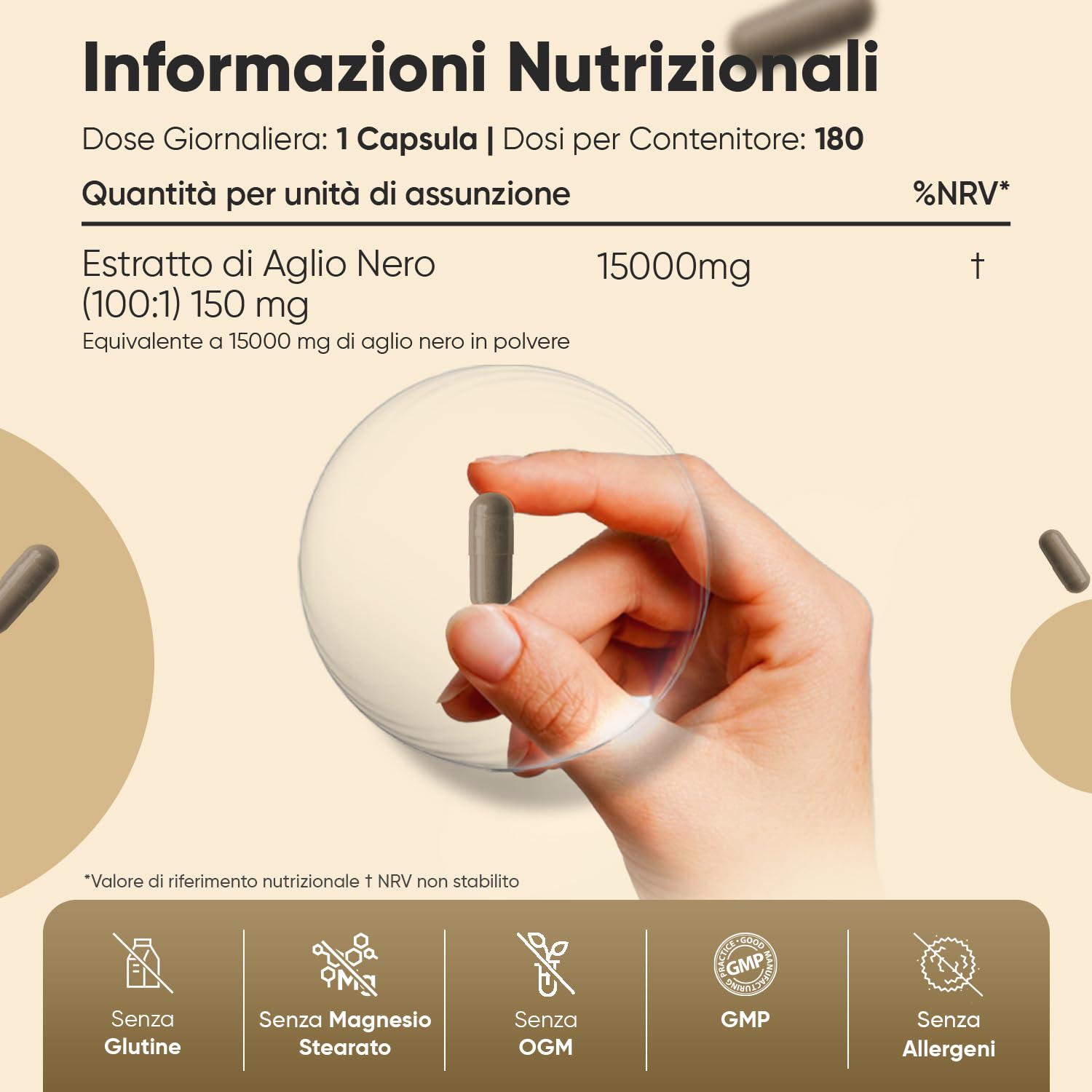Aglio Nero Fermentato, 6 Mesi di Scorta, Estratto 100:1, 1 Sola Capsula al Giorno, Vegano, 180 Aglio Nero Capsule da 15000mg Ciascuna, da Allium Sativum, Senza Glutine, Senza Magnesio Stearato né OGM