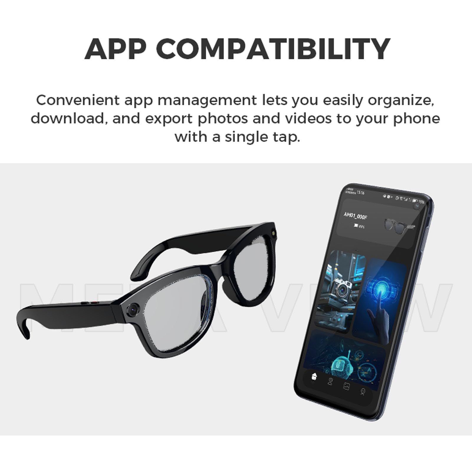 Smart Camera Occhiali, Occhiali Intelligenti AI, Telecamera HD da 5 MP 1080p 26 Lingue per la Riproduzione delle Telefonate Musicale, Riduzione del Doppio Rumore, Trasferimento (Luce anti