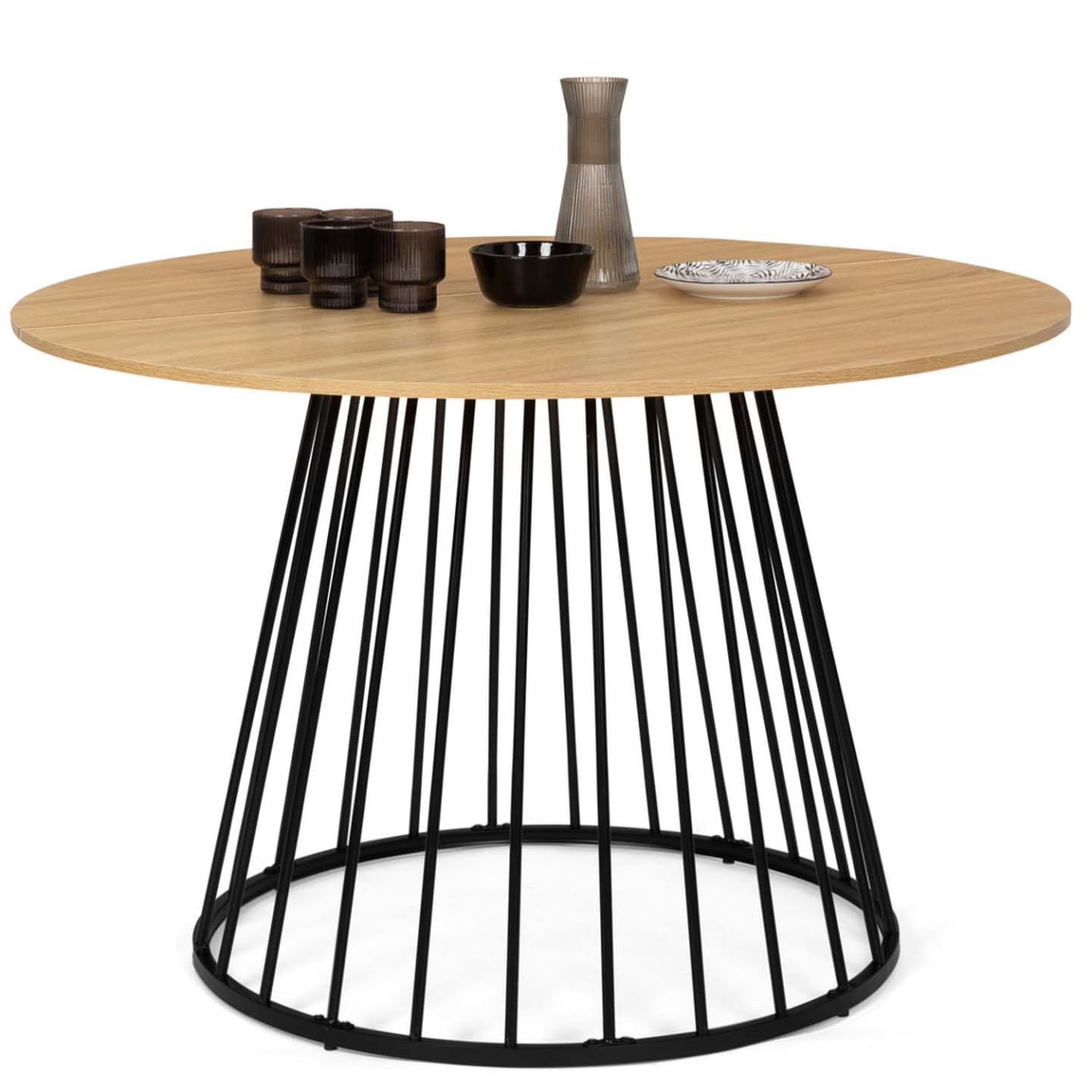 IDMarket - YUNA Tavolo da pranzo rotondo per 6 persone con piano in legno e gamba in filo metallico nero 110 cm