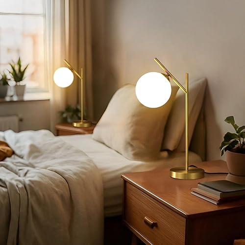 Miniatura 6 de Juego de 2 lámparas de mesa con forma de globo, lámpara de escritorio de globo de vidrio de latón con pantalla de vidrio blanco lechoso, lámpara de