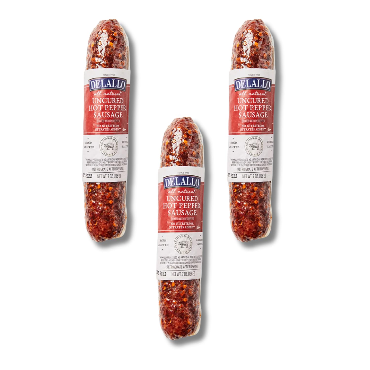 DeLallo Hot Pepper Sausage, Artisan Salami Stick, Air-Cured, Made with Fresh Garlic and Sea Salt, Hand Rubbed with Hot Chili Pepper Flakes, Warm Spicy Flavor, No Added Nitrates or Preservatives, Gluten Free, 7 oz Stick, (3 Pack)