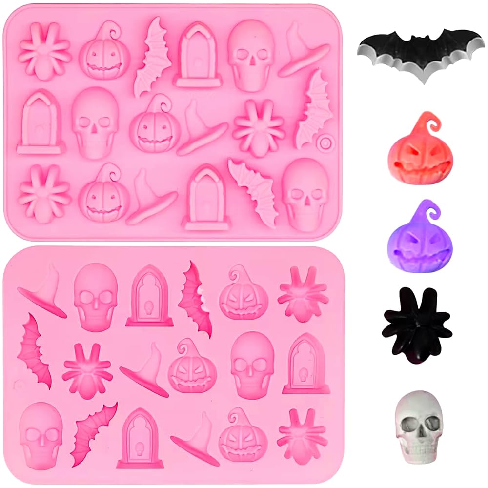 Halloween Silikonformen 2 Stück - Für Schokolade, Kekse, Eis | Mit Totenkopf, Fledermaus, Kürbis Motiven