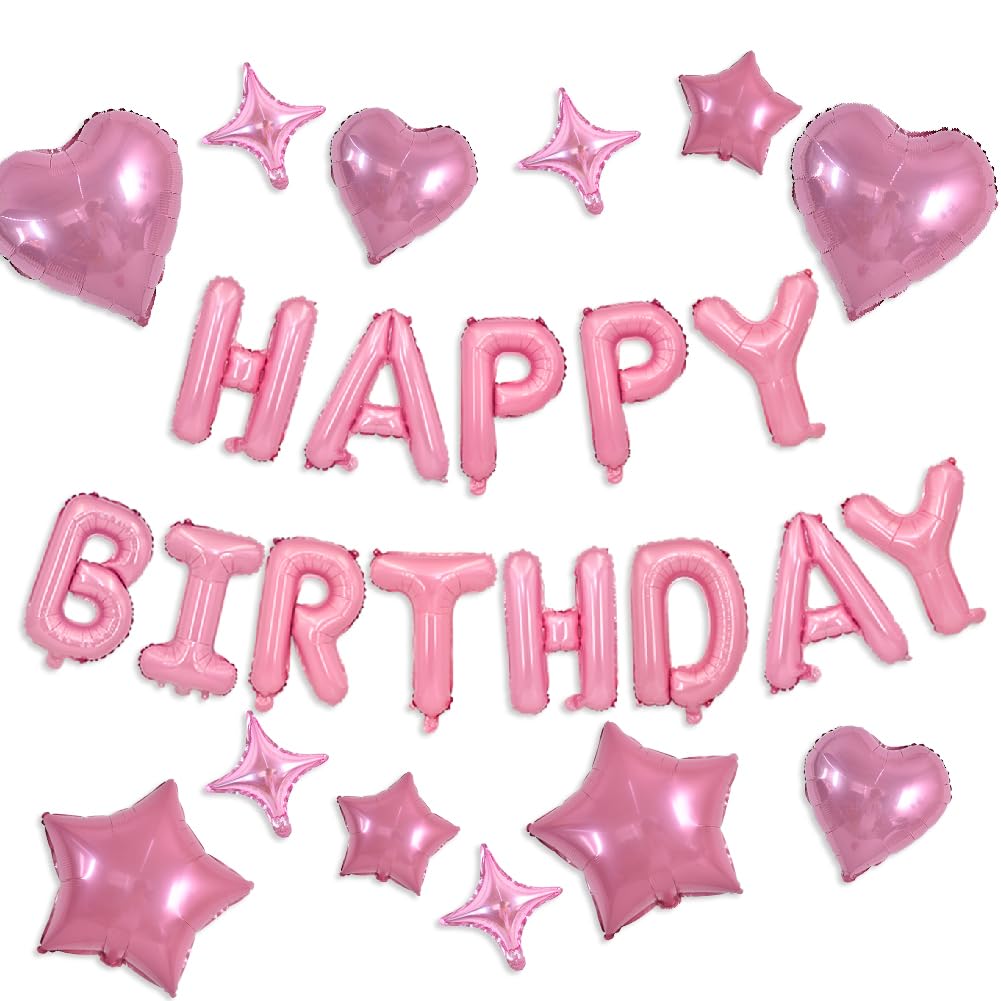 TONIFUL 35PCS Light Pink Happy Birthday Decorations 16 Inch Happy Birthday Balloon Banner with Star Balloons Mylar Foil Birthday Party Decorations