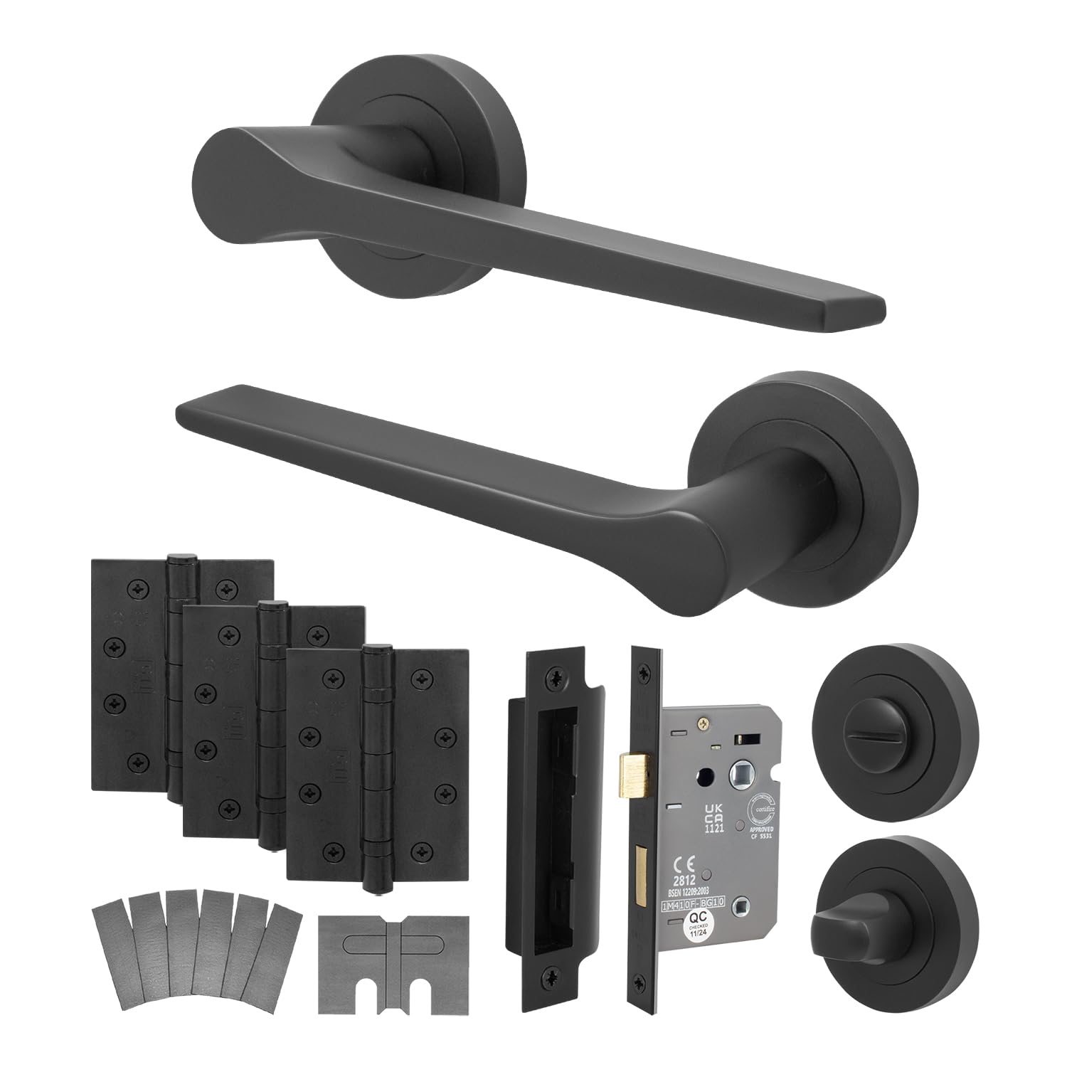 Eai Black Fire Door Handle Bathroom Set, Matt Internal Fire Rated Door Handle With 80Mm Bathroom Lock And 102Mm Hinges, Tarna Range 1 Pack