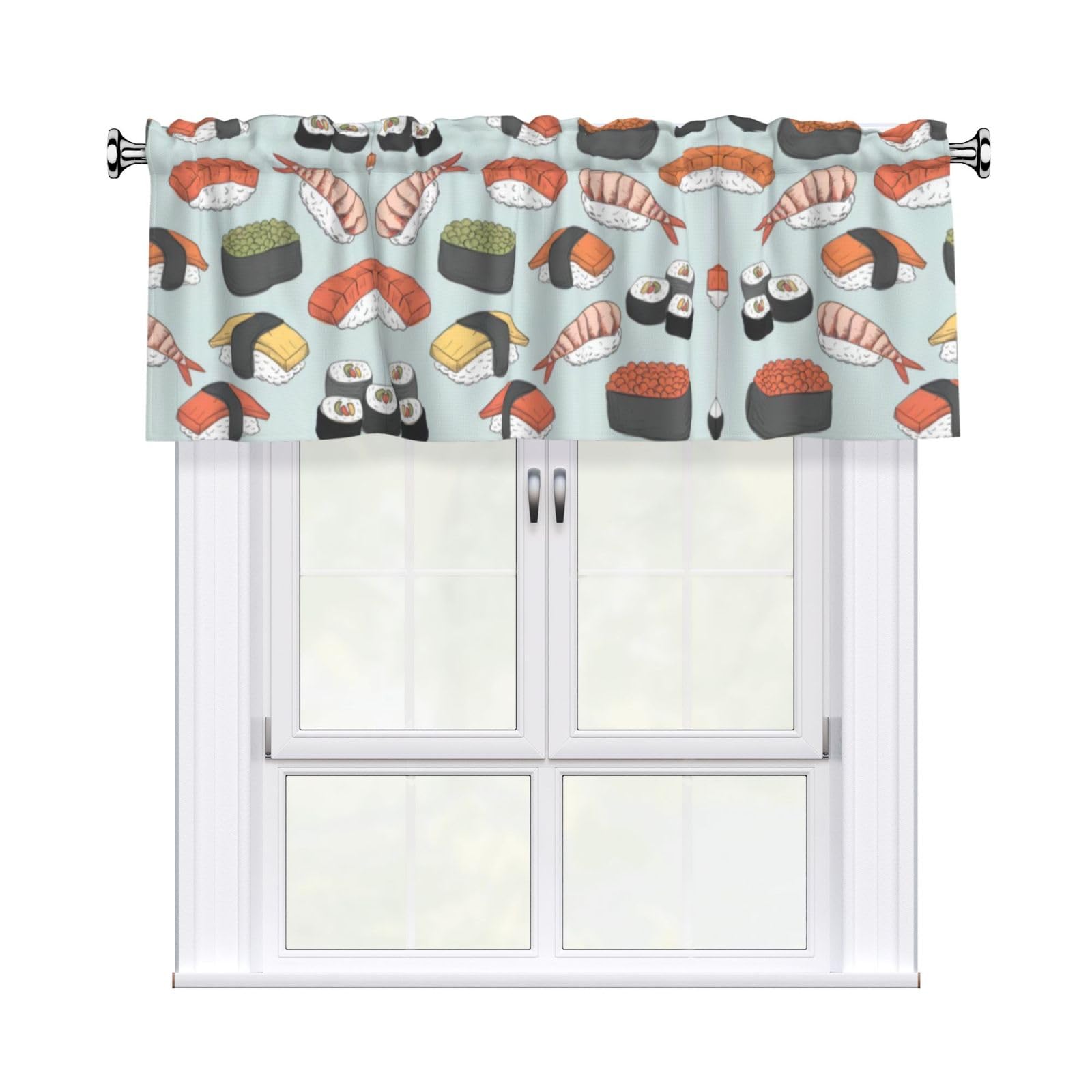 WHJSHOP Sushi Prints Curtain Valance 54x18in - Peach Skin Kitchen Window Layer, Filtered Light & Quick-Install Rod Pocket Cover