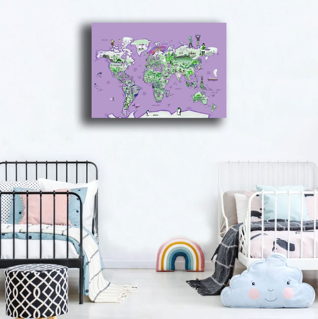 Printerland Quadri Moderni MAPPAMONDO Mappa mondo Bambini Bimbo Bimba Quadro moderno da Parete XXL grande Stampa su tela Canvas Decorazione Murale muro Camera Cameretta bimbi (70x100 cm, Viola)