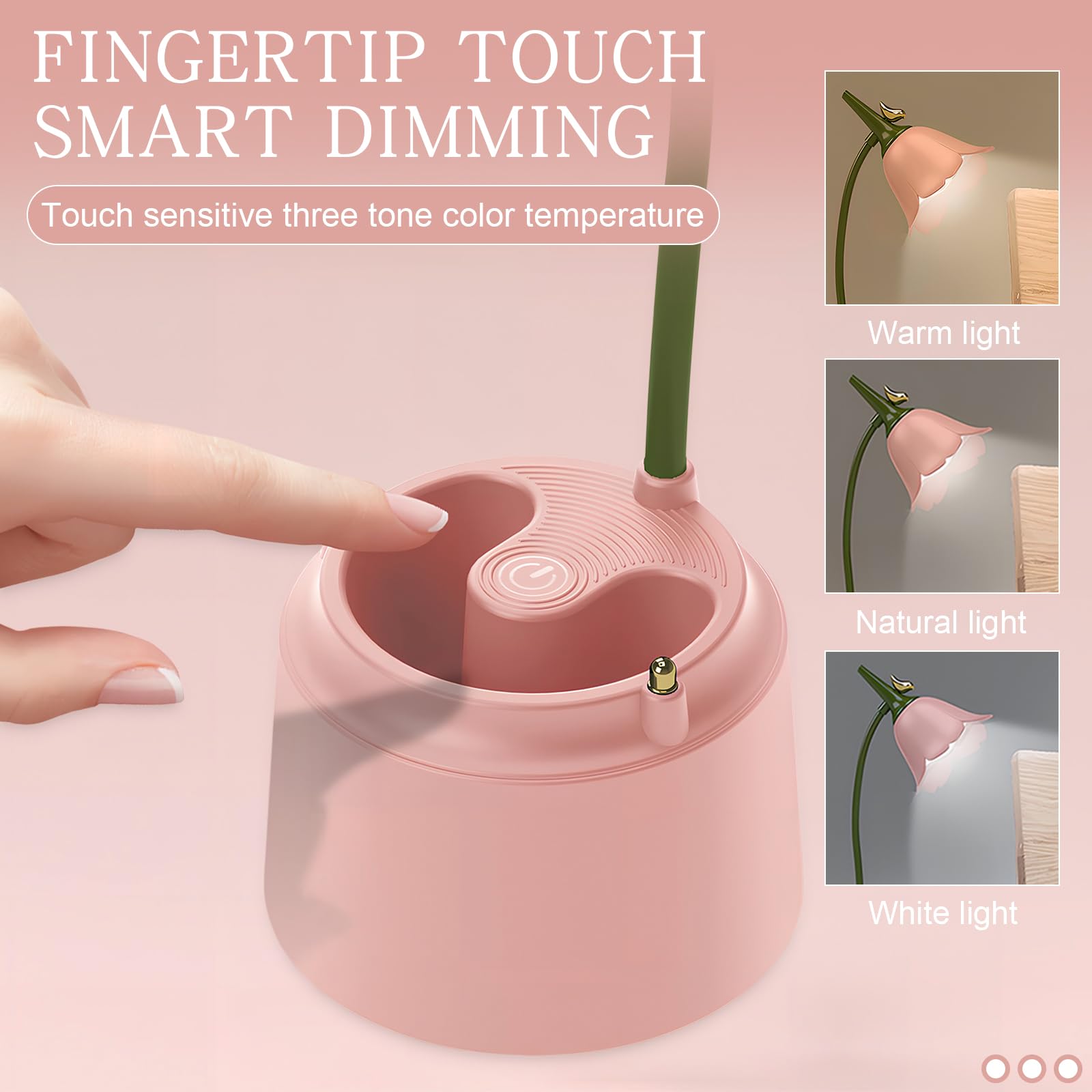 Lampe de Table D'étude Rechargeable Protection des Yeux, Tactile Lampe de Bureau à LED Portable avec Porte-stylo pour Enfants, Lampe de Chevet LED, Lampe de Lecture Dimmable,3 Modes de Couleur (Rose)