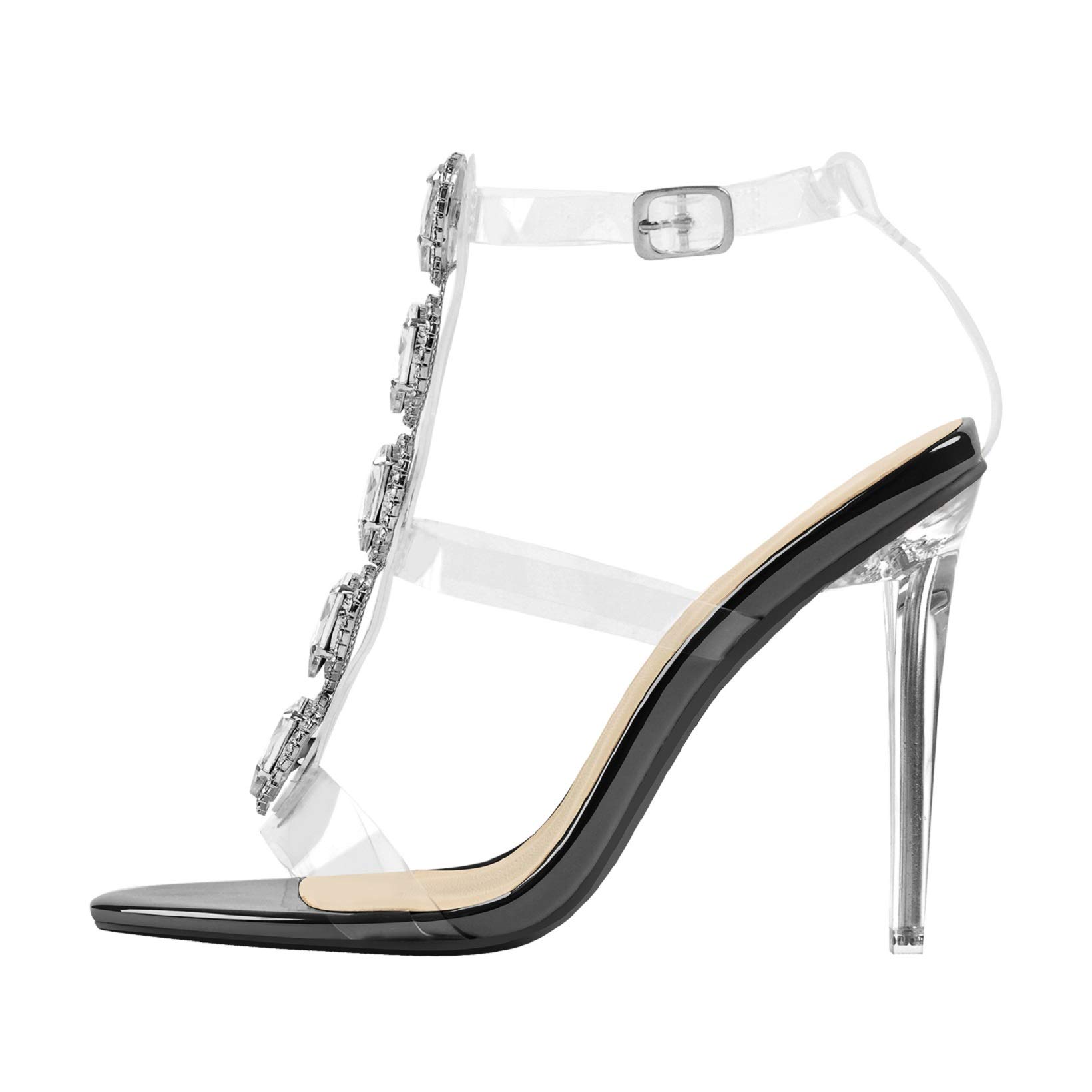 Yolkomo Women's Clear Ankle Strap Rhinestones Stunning Heels Gladiator Sandals, Black, 9