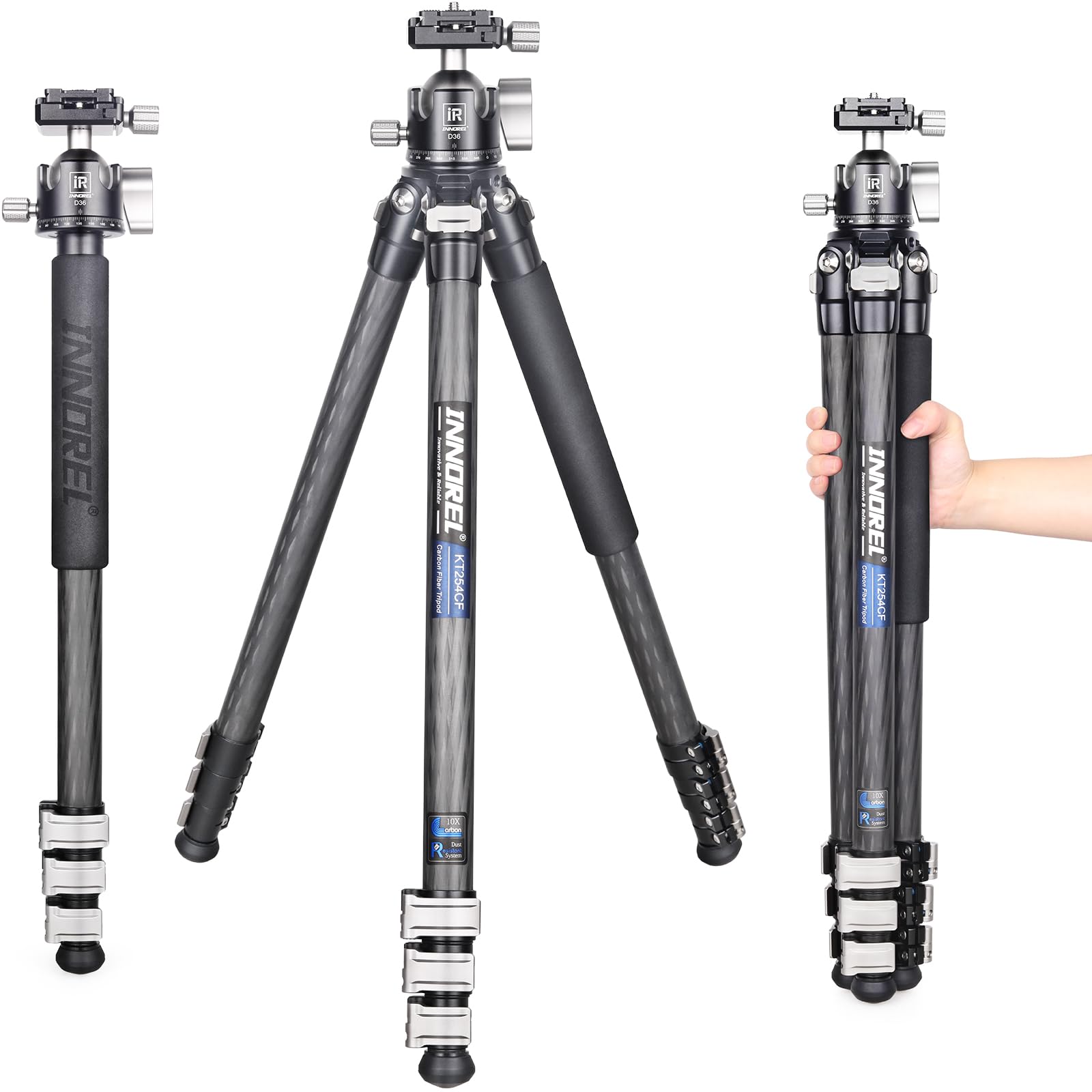 Kt254cf - innorel trépied Professionnel à clapet Rapide en Fibre de Carbone 25,6 mm Support Compact et léger avec tête sphérique à Double Encoche en U Mince d36 pour caméscopes Reflex numériques