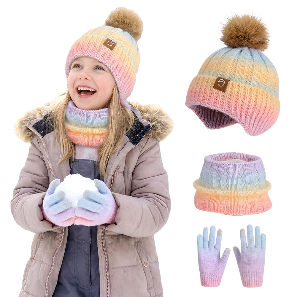 Spiritzohic Kids Winter Beanie Hat Scarf Gloves Set, 3 in 1 Thermal Knitted Pom Pom Hat Snood Gloves Winter Accessories Beanie Hats and Glove for Boys Girls Children 2-10 Years Old