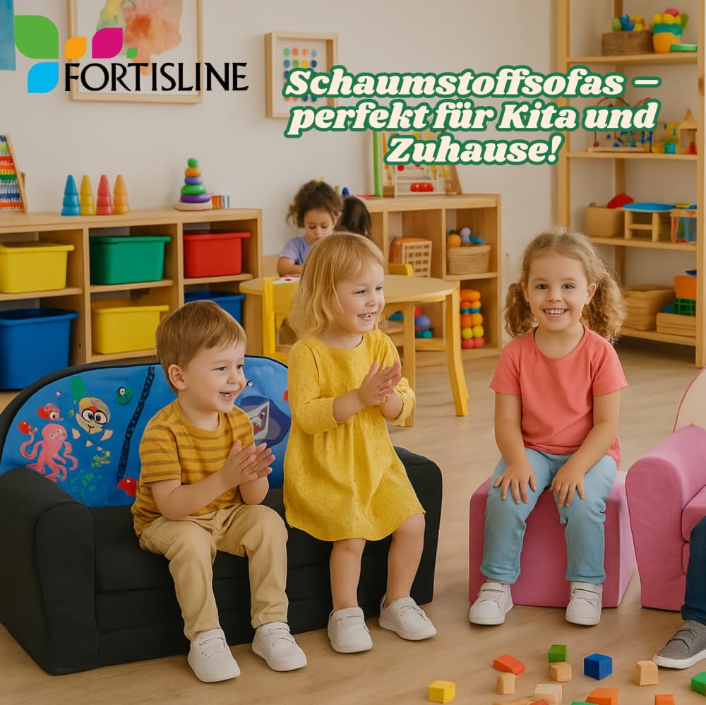 FORTISLINE Kindersofa MINI ausklappbar 78 x 40 x 45 cm - Kindercouch aus Mikrofaser mit Liegefläche 104 cm, abnehmbarem waschbarem Bezug, Oeko-TEX Standard 100 Sterne Grau