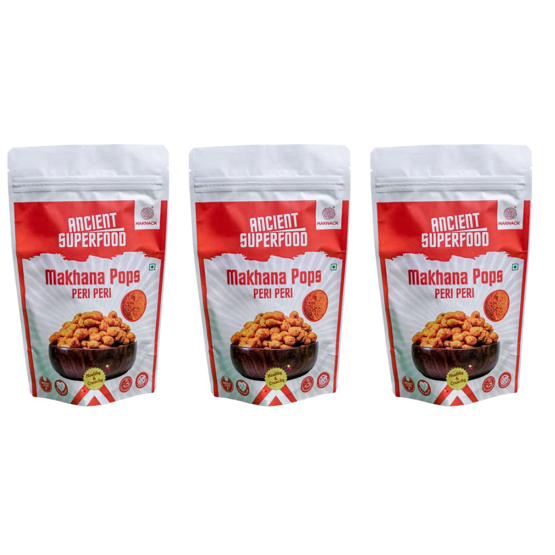 Maknack Makhana Pops - Peri Peri Flavoured Roasted Foxnuts | Healthy Binge Snack | Ancient Superfood High in Antioxidants, Proteins & Calcium | Gluten Free | Vegan | Pack of 3 - 150g
