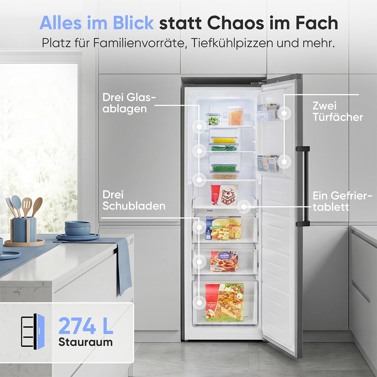 Bomann® Gefrierschrank Nofrost | Energieklasse D | 185cm | MultiAirflow | 5 Jahre Kompressor-Garantie | -14°C bis -22°C | Tiefkühlschrank | 274L | Türanschlag wechselbar | Freezer | GS 7371 inox