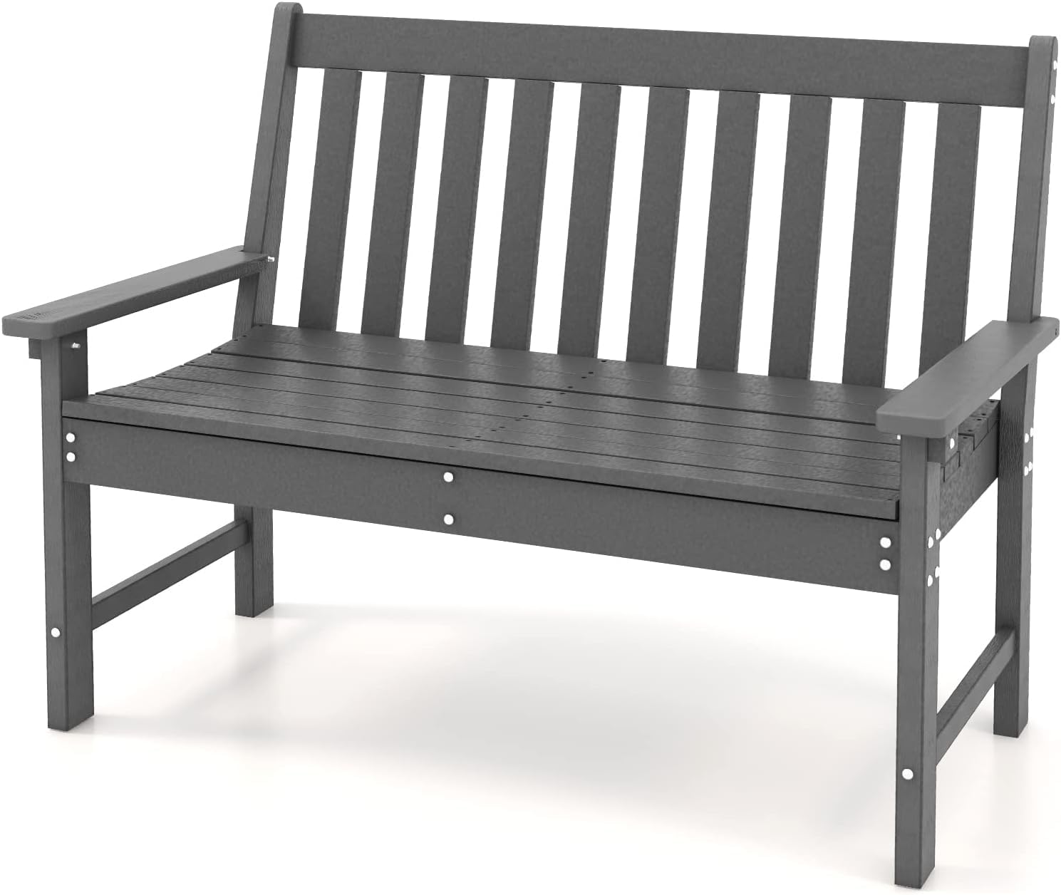 GIANTEX Banco de Jardín 2 Plazas, Banco de Plástico con Respaldo y Reposabrazos, Asiento de Láminas, Carga hasta 320 kg, 132 x 65 x 91 cm, para Parque, Porche, Balcón (Gris)