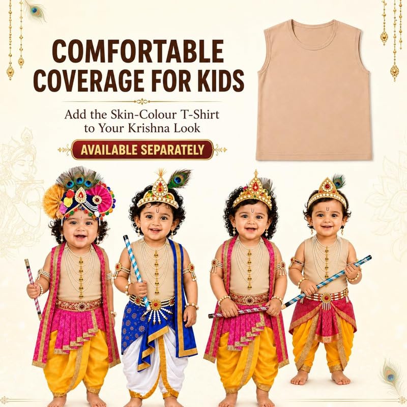 Image of Raj Fancy Dresses Luxury Krishna Pagri for Kids Boys & Girls | Bal Gopal Kanha Janmashtami Turban with 3 Mor Pankh & Pearl Work | Fancy Dress, School Function & Photoshoot Headgear | Only Pagri