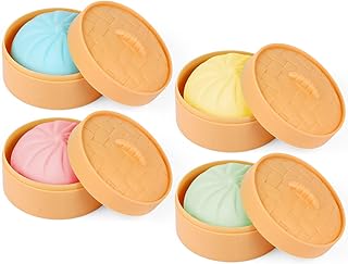 MEIEST 4 PCS Colorful Dumpling Squishy Stress Balls Fidget Sensory Toy,Squeeze Dough Ball Stress Relief Hand Toy,Anti-Anxiety Bun with Food Steamer Stretchy Desk Toys 4 Dumpling 1.6 inches