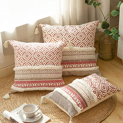 Image of Modern Homes Boho Tufted Decorative Throw Pillow Covers for Couch Sofa - Moroccan Style Cushion Covers with Tassels, Accent Decor Pillow for Bedroom Living Room (Pink, 16x16 inch)
