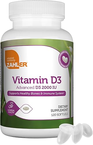 Zahler - Cápsulas blandas avanzadas de vitamina D3 de 2000 UI (120 unidades) Kosher Apto para vegetarianos Vitamina D para apoyo inmunológico,