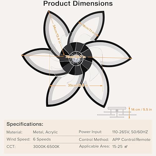 Miniatura 9 de Ventilador de techo con luces, ventilador moderno de perfil bajo de montaje empotrado con aspas reversibles, luz LED regulable y control remoto, 6