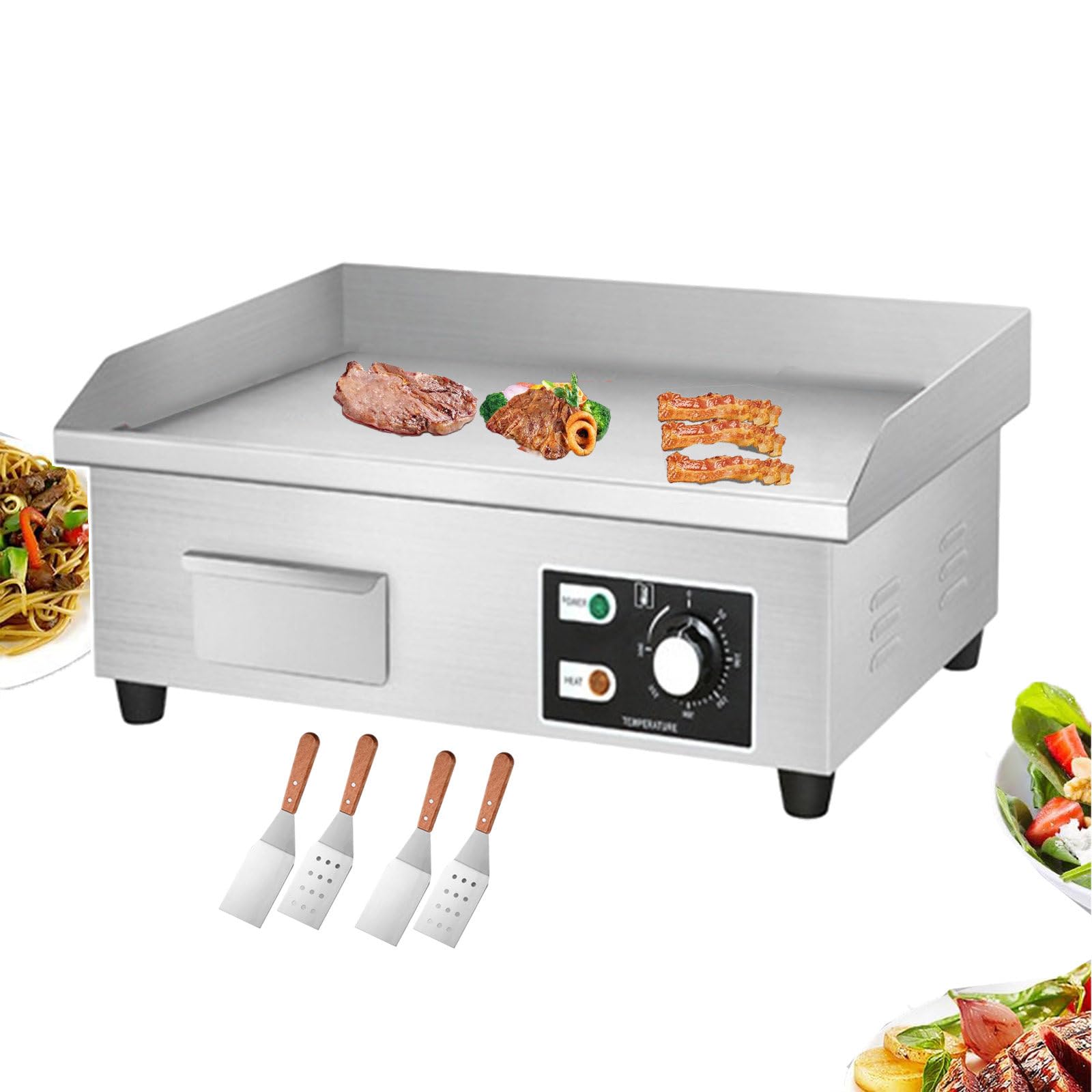 Piastra elettrica Commerciale 50℃-300℃ Piano Cottura Elettrico/Piastra da banco in Acciaio Inox con Controllo della Temperatura/Piastra Piana da Cucina per friggere Pancetta e Bistecca,2500W