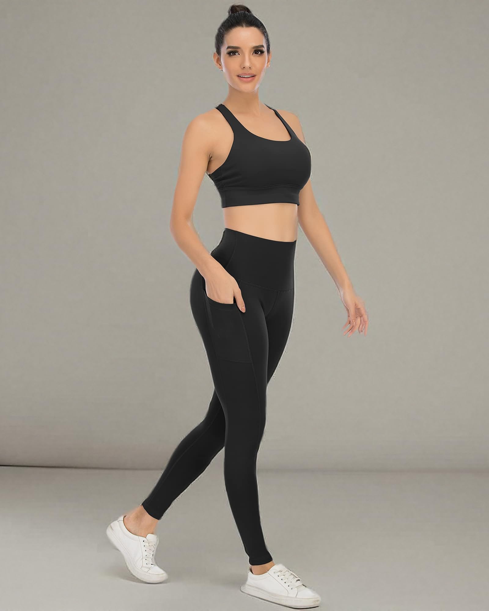 YOUNGCHARM 4-pak legginsy z kieszeniami dla kobiet, wysoka talia, kontrola brzucha, spodnie do jogi