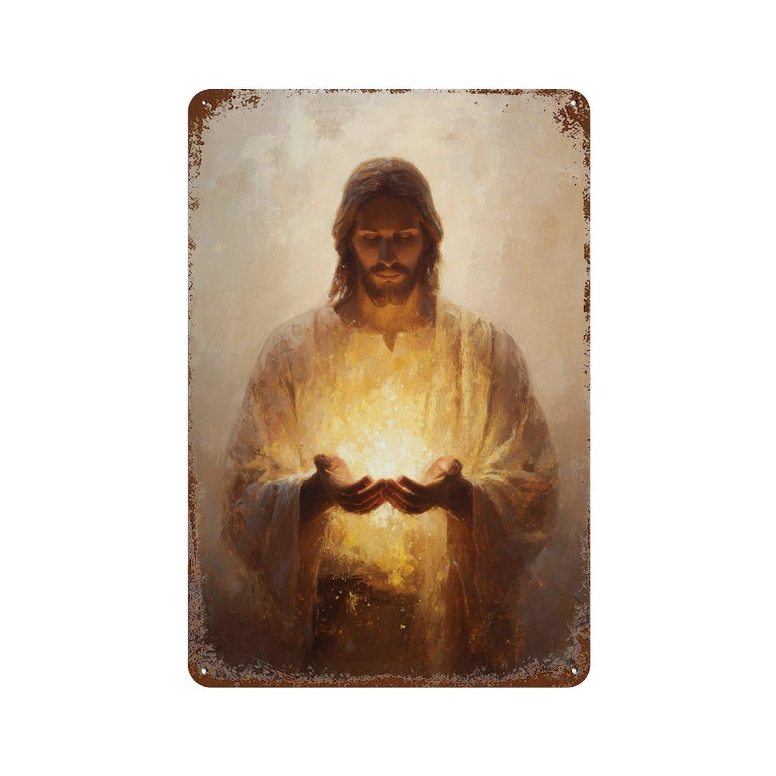 Jesus Holding Light Painting Rust Effect Tin Sign 11.8"x7.9", Vintage Wall Decor for Bistro, Counter And Cafe Decor
