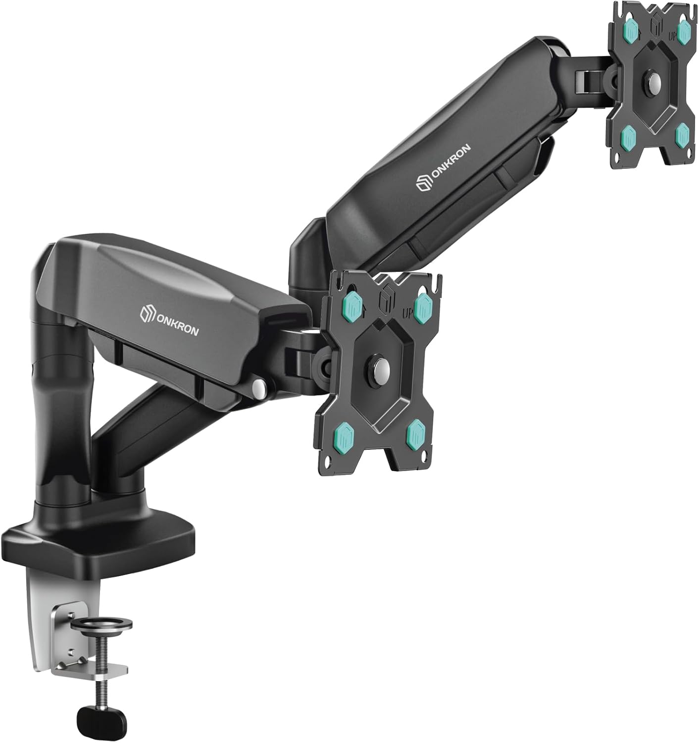 ONKRON Dual Monitor Mount for Two 13 – 32 Inch Screens up to 17.6 lbs (x2), Gas Spring Dual Monitor Arm Stand, VESA 75×75 & 100×100, Adjustable Double Monitor Mount with Swivel, Tilt, Rotation Black
