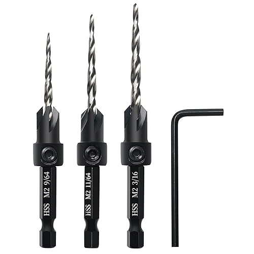 AIMLENTOOL Juego de brocas avellanadas, 3 brocas cónicas, juego avellanador con vástago hexagonal de 14 de pulgada de cambio rápido y 1 llave Allen