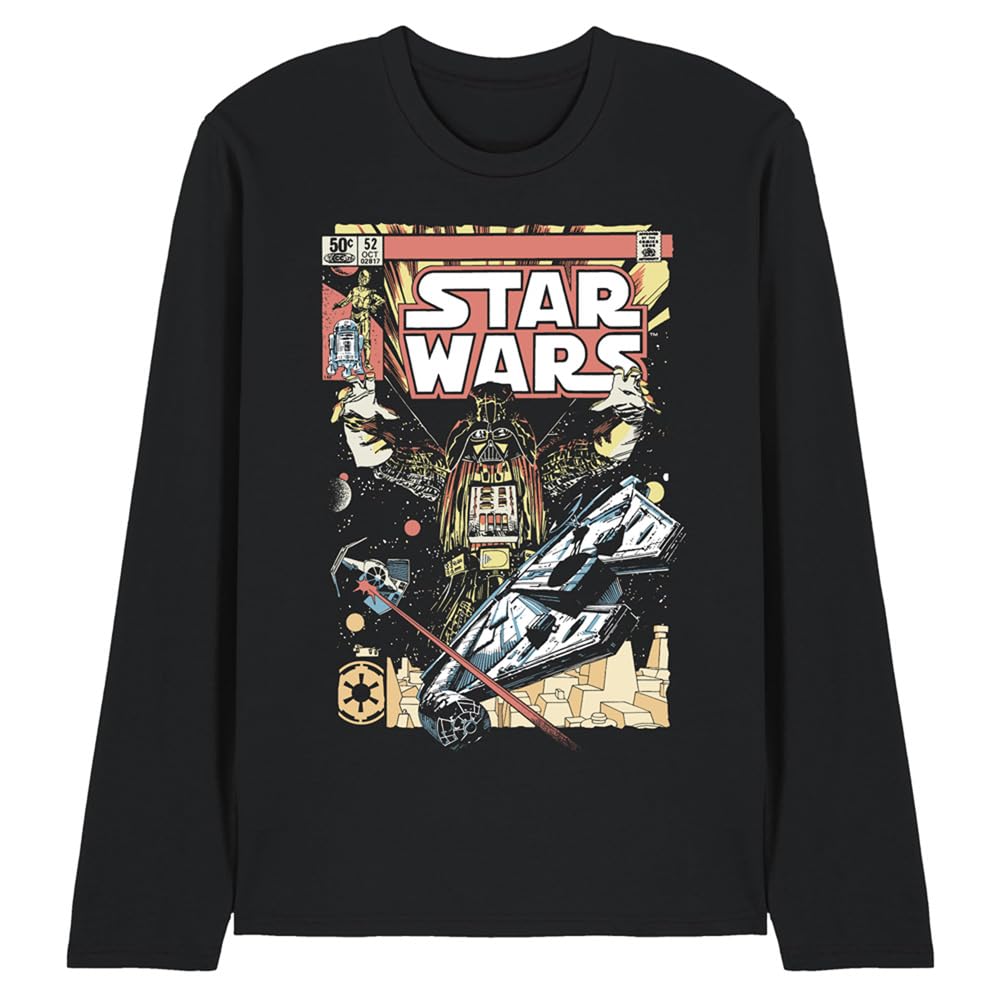 Star Wars Unisex Black Retro Vader Falcon Comic Long Sleeve T-Shirt, Large