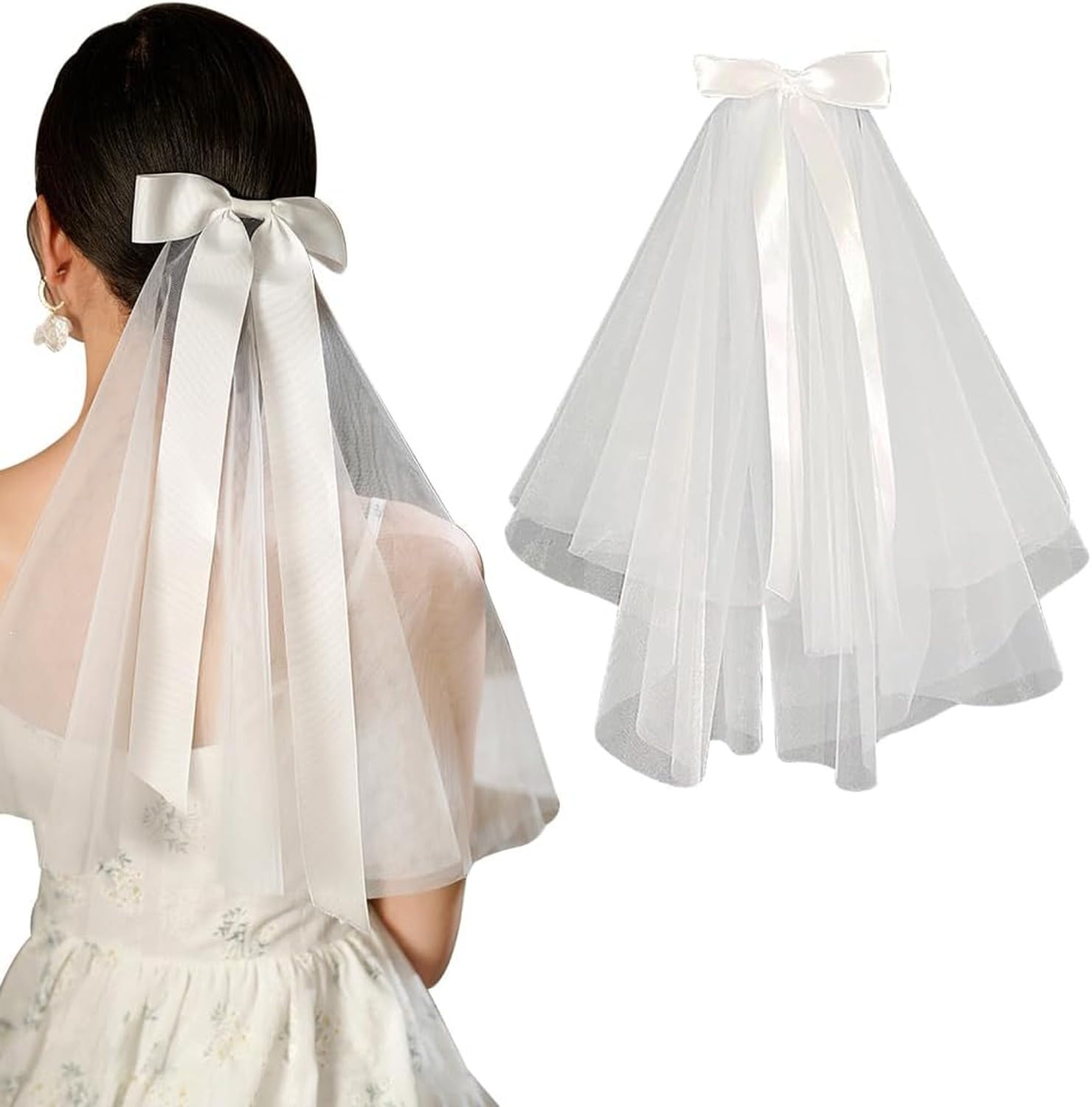 KGAIXN Wedding Bow Veil, White Bride Hair Veil for Bachelorette Party, Medium Short Tulle Hair Clip Veil for Wedding Ceremony and Engagement with Attached White Bow