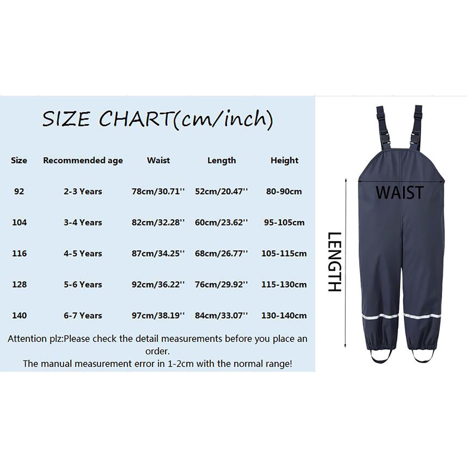 Generisch Chubasquero ligero para niños pequeños, peto, antimanchas, resistente al viento, bonitos pantalones con tirantes para niños y niñas