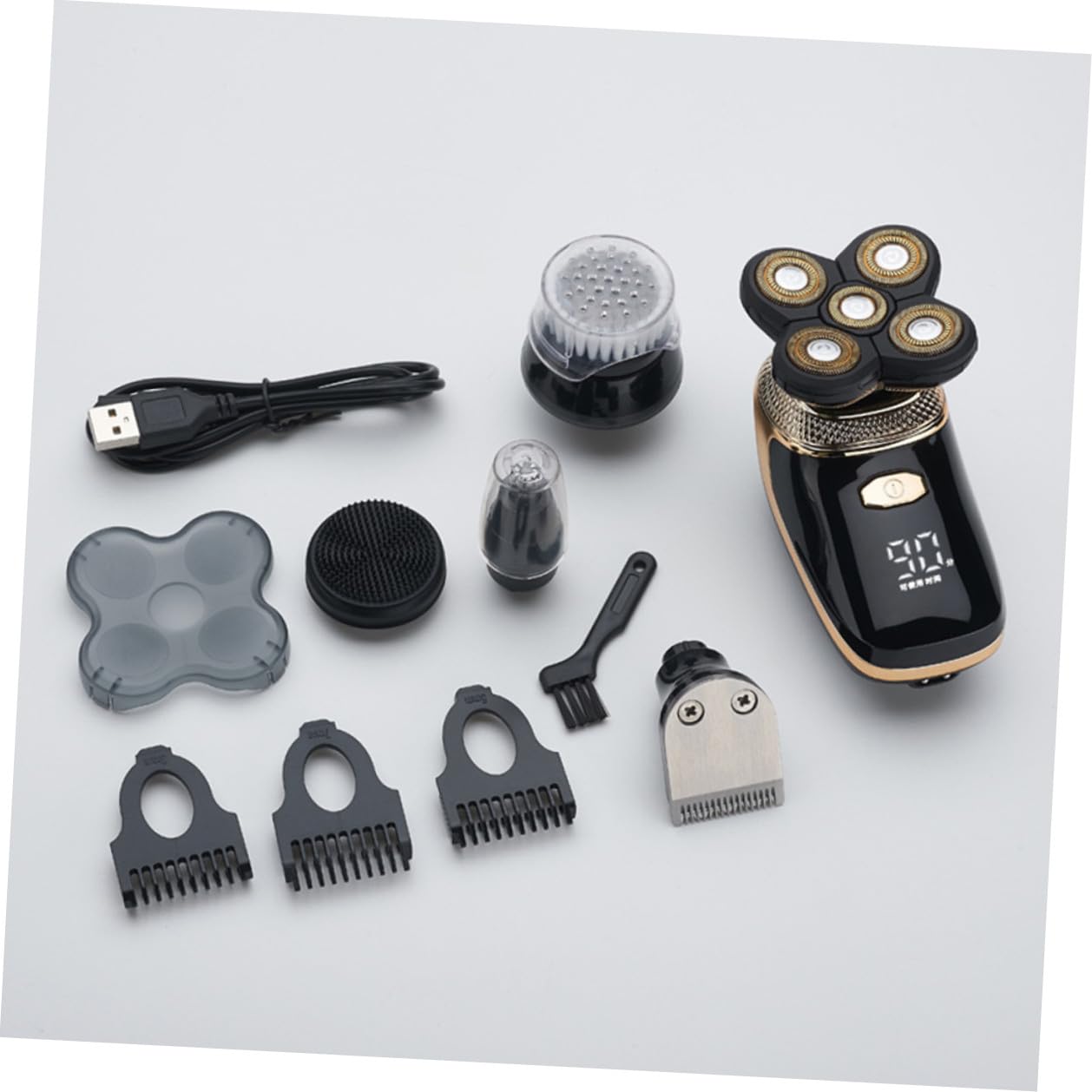 Rasoio Elettrico Uomo Five-in-one in Acciaio Placcato Titanio | Ricarica Usb, Taglio Barba e Chioma, Finitura Oro, per Rasatura e Rifinitura Quotidiana