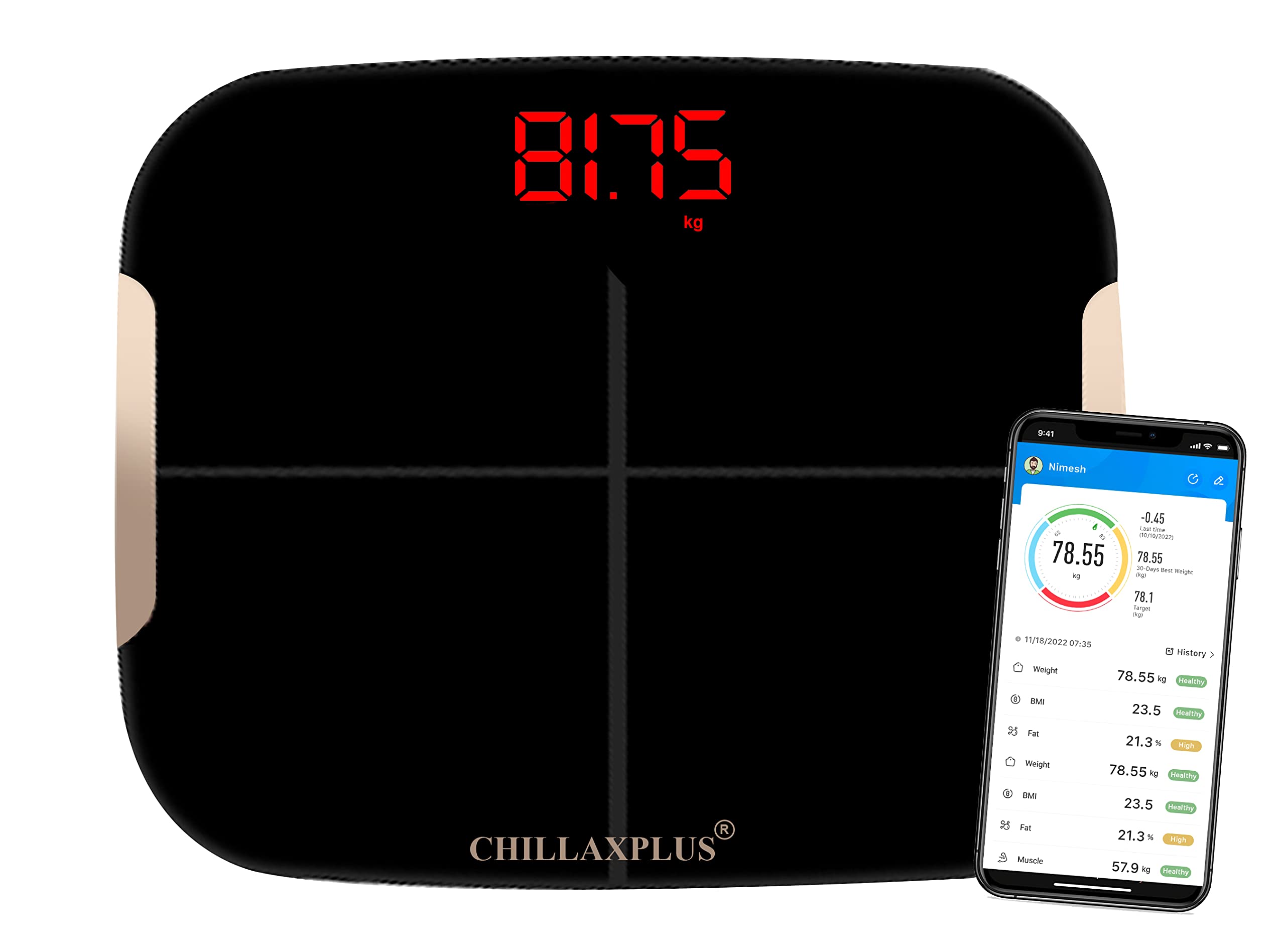 CHILLAXPLUS Smart Bluetooth BMI Weight Machine with Strong ABS Body| digital weight machine with body fat analyser & 13 Essential Body Parameters Manage up to 8 Users (Black)