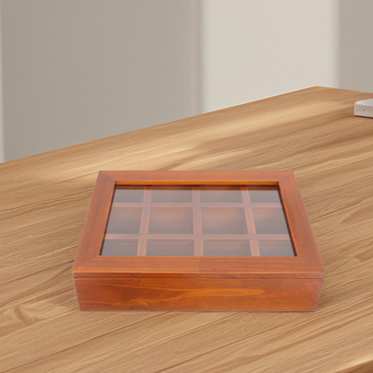 VANZACK Boîte à Sachets de Thé Compartimentée 12 Cases en Bois avec Couvercle Transparent, Organiseur Multifonction pour Sachets de Thé, Café Instantané et Sucre, Rangement Compact pour