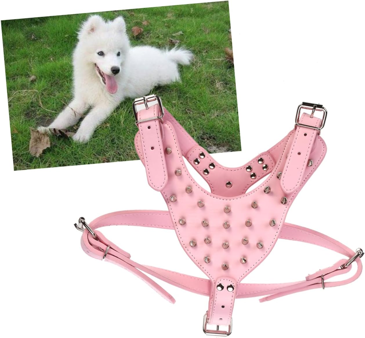 Kisangel Spike Studded Pu Dog Harness for Terriers Pink Pet Vest Chest Neck Flexible Material for Comfortable Movement