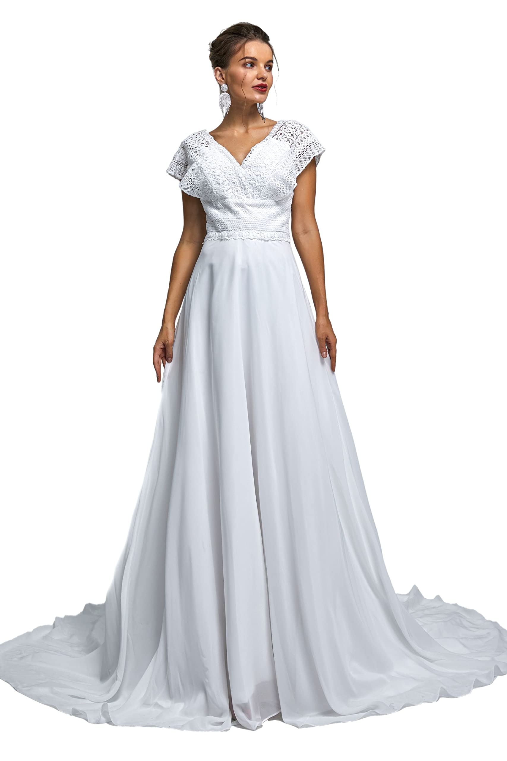Spaghetti Chiffon Beach Wedding Dress V Neck A line Bridal Gowns Lace Plus Size Wedding Dress